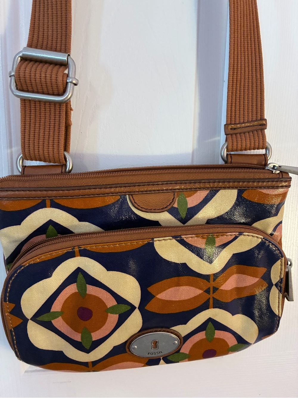 Fossil Navy Floral Geometric Crossbody with Brown Trim